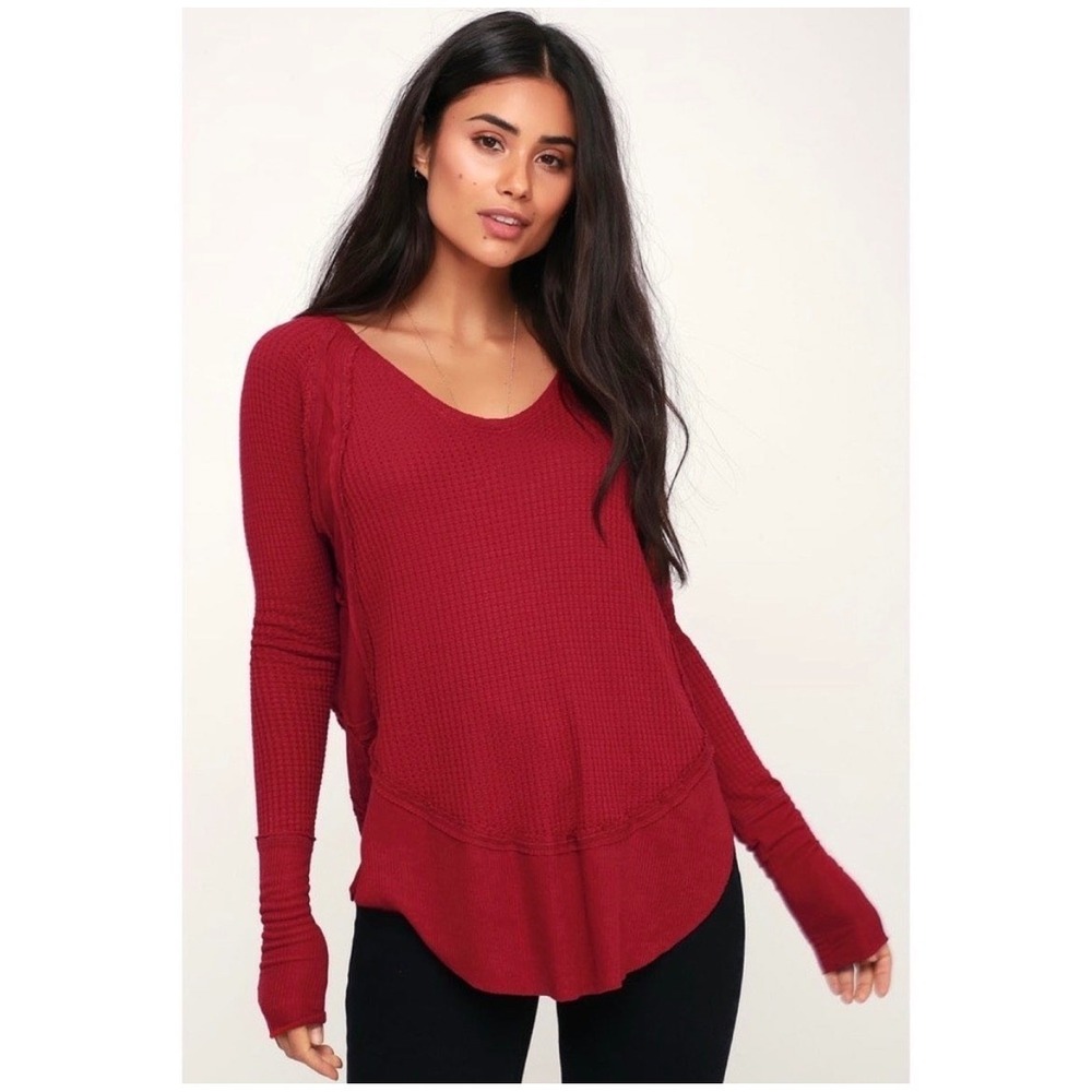 We The Free Free People Catalina Waffle Knit Top XS Red Thermal Boho